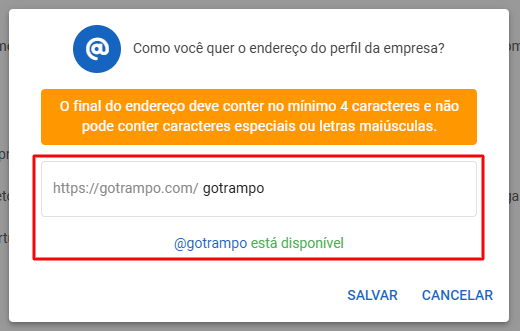 Endereço do perfil da empresa